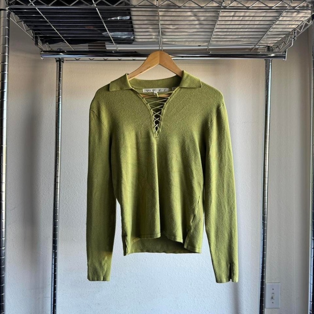 Vintage Y2K Max Studio Preppy Green Collared Long Sleeve Lace Blouse Top